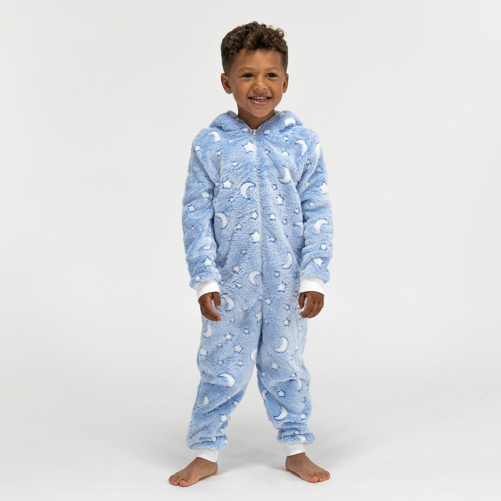Pijama polar Estrellas y Lunas Infantil, diseño con capucha, 5-10 años, Azul / Blanco– Big Bertha Original ES